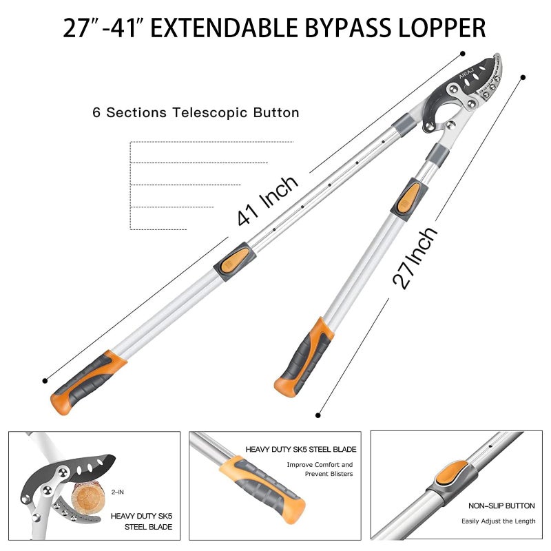 AIRAJ 27-41'' Extendable Anvil Loppers Heavy Duty with Compound Action, Tree Trimmer with 2 Inch Cutting Capacity, Chops Thick Branches Ease,Heavy Duty Tree Pruner with SK5 Spare Blade - Image 2